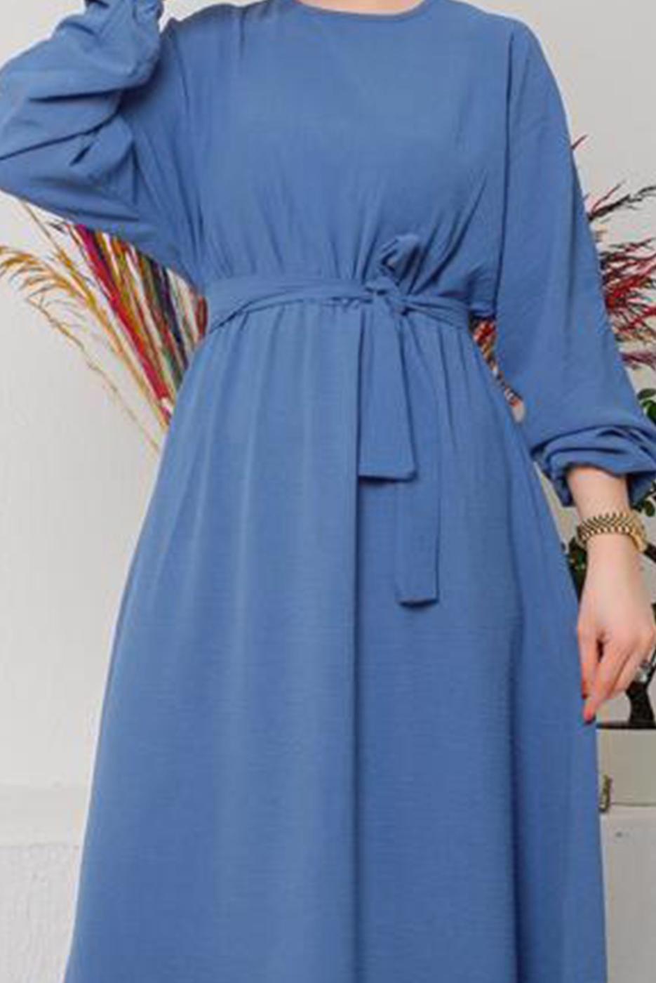 Vêtements hijab BLEU MARINE ROBE CEINTURÉE AUX POIGNETS ÉLASTIQUE 1042