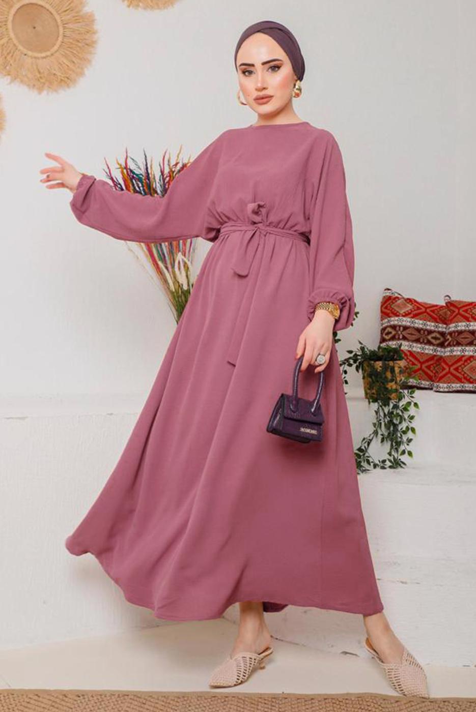 Tesettür giyim PEMBE MANŞETLERİ LASTİKLİ KUŞAKLI ELBİSE 1042 