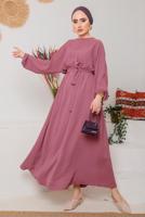 Tesettür giyim PEMBE MANŞETLERİ LASTİKLİ KUŞAKLI ELBİSE 1042 