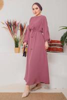 Tesettür giyim PEMBE MANŞETLERİ LASTİKLİ KUŞAKLI ELBİSE 1042 
