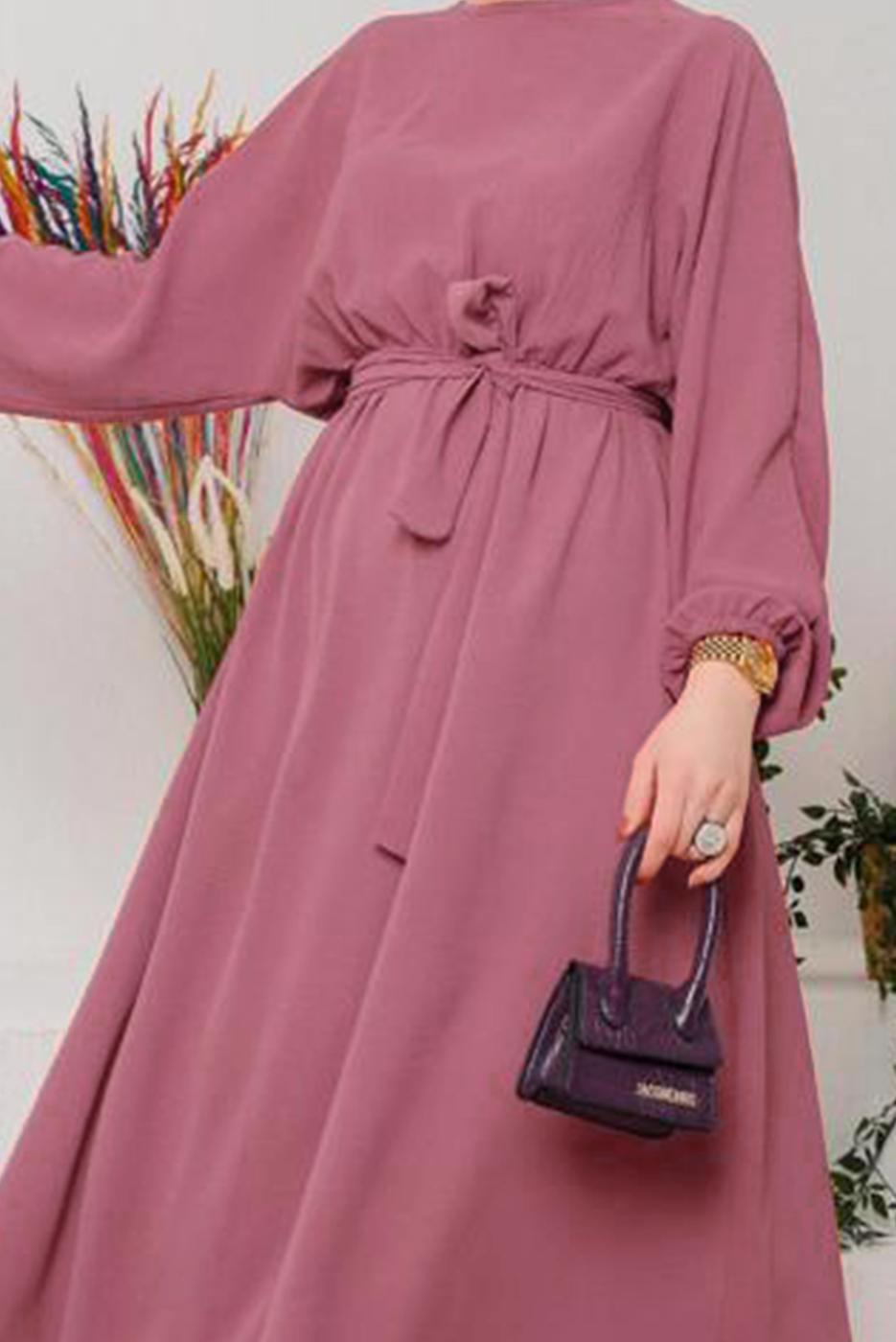 Tesettür giyim PEMBE MANŞETLERİ LASTİKLİ KUŞAKLI ELBİSE 1042 