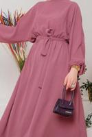 Tesettür giyim PEMBE MANŞETLERİ LASTİKLİ KUŞAKLI ELBİSE 1042 