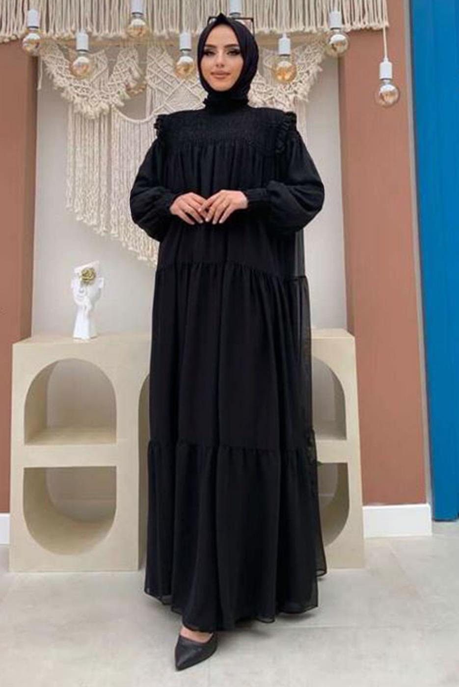Tesettür giyim SİYAH BÜZGÜLÜ DİK YAKA FIRFIRLI ŞİFON ELBİSE 1153