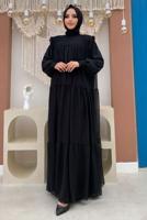 Tesettür giyim SİYAH BÜZGÜLÜ DİK YAKA FIRFIRLI ŞİFON ELBİSE 1153