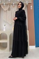 Tesettür giyim SİYAH BÜZGÜLÜ DİK YAKA FIRFIRLI ŞİFON ELBİSE 1153