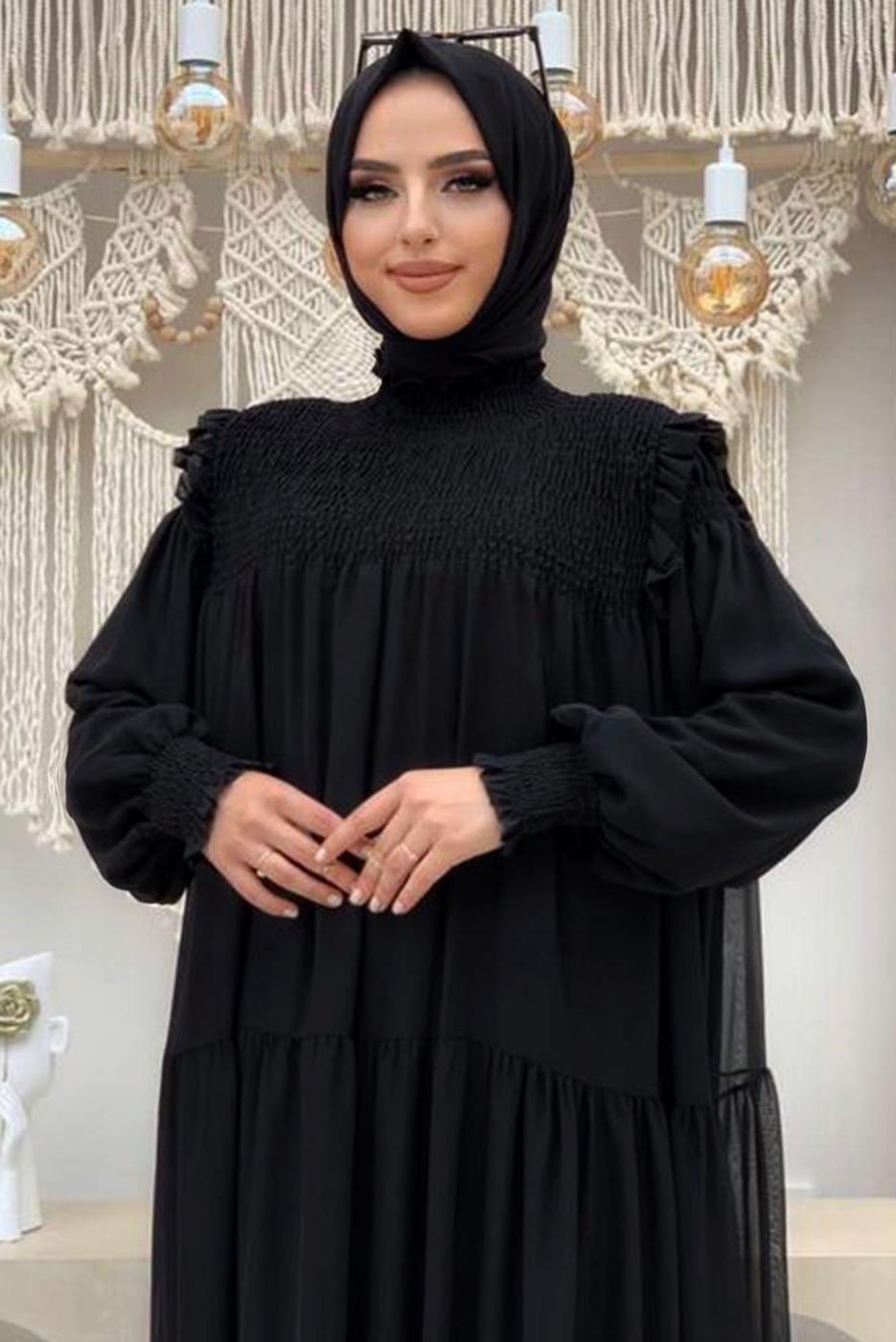 Tesettür giyim SİYAH BÜZGÜLÜ DİK YAKA FIRFIRLI ŞİFON ELBİSE 1153