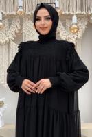 Tesettür giyim SİYAH BÜZGÜLÜ DİK YAKA FIRFIRLI ŞİFON ELBİSE 1153