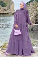 Tesettür giyim MOR BÜZGÜLÜ DİK YAKA FIRFIRLI ŞİFON ELBİSE 1153