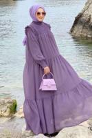 Tesettür giyim MOR BÜZGÜLÜ DİK YAKA FIRFIRLI ŞİFON ELBİSE 1153