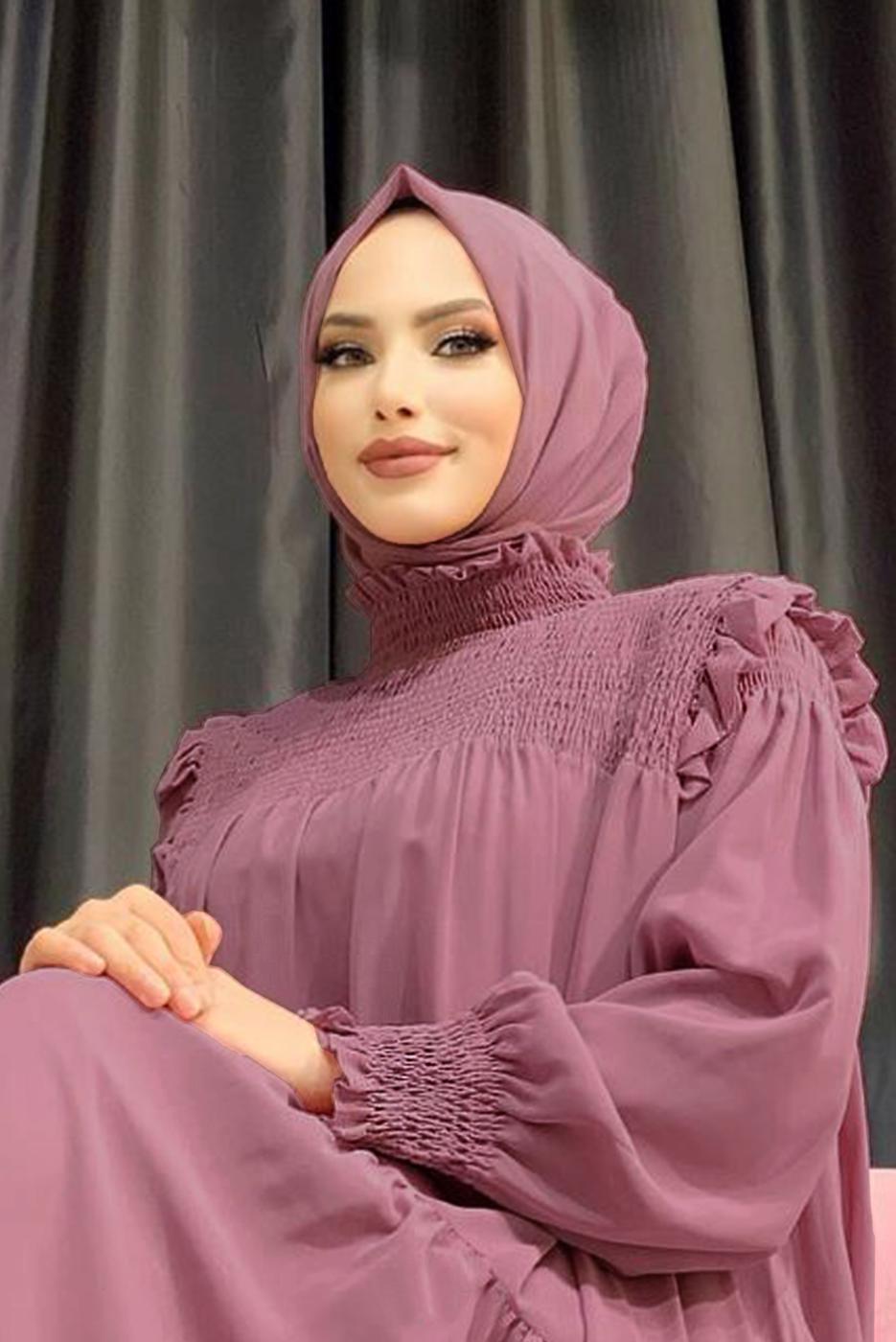 Hijab clothing POWDER SMOCKING DETAIL TURTLENECK RUFFLED CHIFFON DRESS 1153