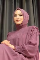 Hijab clothing POWDER SMOCKING DETAIL TURTLENECK RUFFLED CHIFFON DRESS 1153