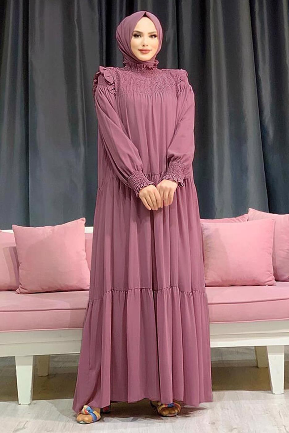 Hijab clothing POWDER SMOCKING DETAIL TURTLENECK RUFFLED CHIFFON DRESS 1153