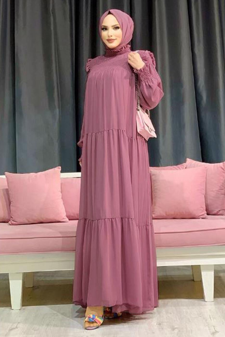 Hijab clothing POWDER SMOCKING DETAIL TURTLENECK RUFFLED CHIFFON DRESS 1153