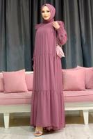 Hijab clothing POWDER SMOCKING DETAIL TURTLENECK RUFFLED CHIFFON DRESS 1153