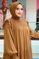 Tesettür giyim TABA BÜZGÜLÜ DİK YAKA FIRFIRLI ŞİFON ELBİSE 1153