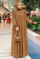 Tesettür giyim TABA BÜZGÜLÜ DİK YAKA FIRFIRLI ŞİFON ELBİSE 1153