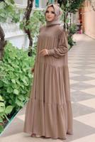 Tesettür giyim VİZON BÜZGÜLÜ DİK YAKA FIRFIRLI ŞİFON ELBİSE 1153