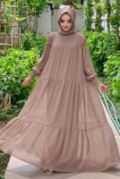 Tesettür giyim VİZON BÜZGÜLÜ DİK YAKA FIRFIRLI ŞİFON ELBİSE 1153