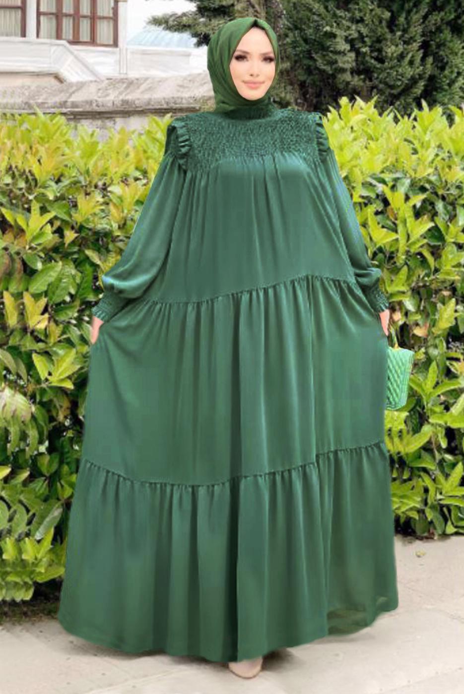 Tesettür giyim YEŞİL BÜZGÜLÜ DİK YAKA FIRFIRLI ŞİFON ELBİSE 1153