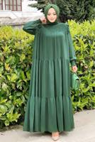 Tesettür giyim YEŞİL BÜZGÜLÜ DİK YAKA FIRFIRLI ŞİFON ELBİSE 1153