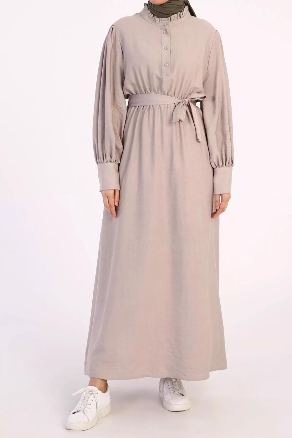 Hijab clothing BEIGE BELTED RUFFLED COLLAR DRESS 13006 