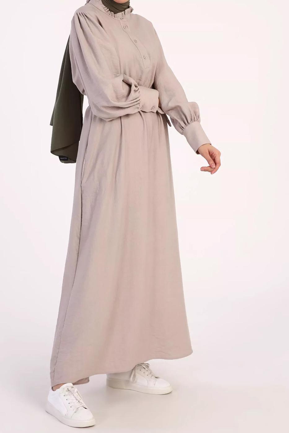Hijab clothing BEIGE BELTED RUFFLED COLLAR DRESS 13006 