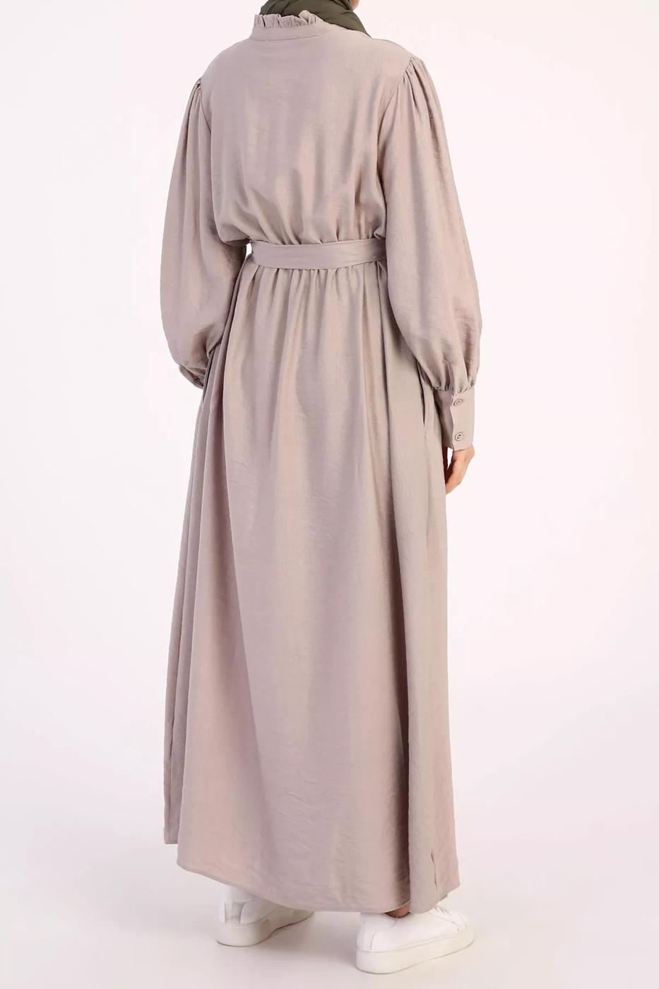 Hijab clothing BEIGE BELTED RUFFLED COLLAR DRESS 13006 