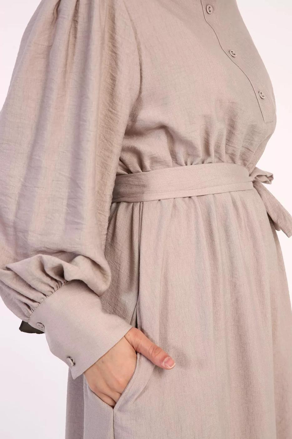 Hijab clothing BEIGE BELTED RUFFLED COLLAR DRESS 13006 
