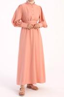 Tesettür giyim PUDRA BELİ KUŞAK DETAYLI YAKASI FIRFIRLI ELBİSE 13006	
