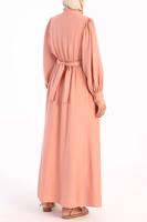 Tesettür giyim PUDRA BELİ KUŞAK DETAYLI YAKASI FIRFIRLI ELBİSE 13006	
