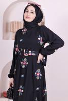 Tesettür giyim SİYAH ÇİÇEK NAKIŞLI ELBİSE 1307 