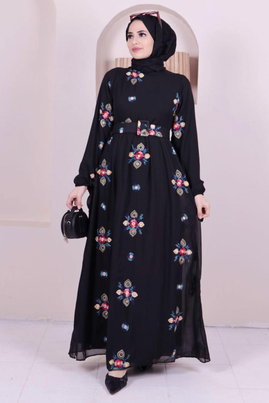 Tesettür giyim SİYAH ÇİÇEK NAKIŞLI ELBİSE 1307 