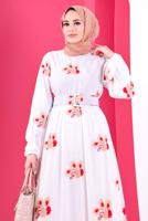 Tesettür giyim BEYAZ ÇİÇEK NAKIŞLI ELBİSE 1307 