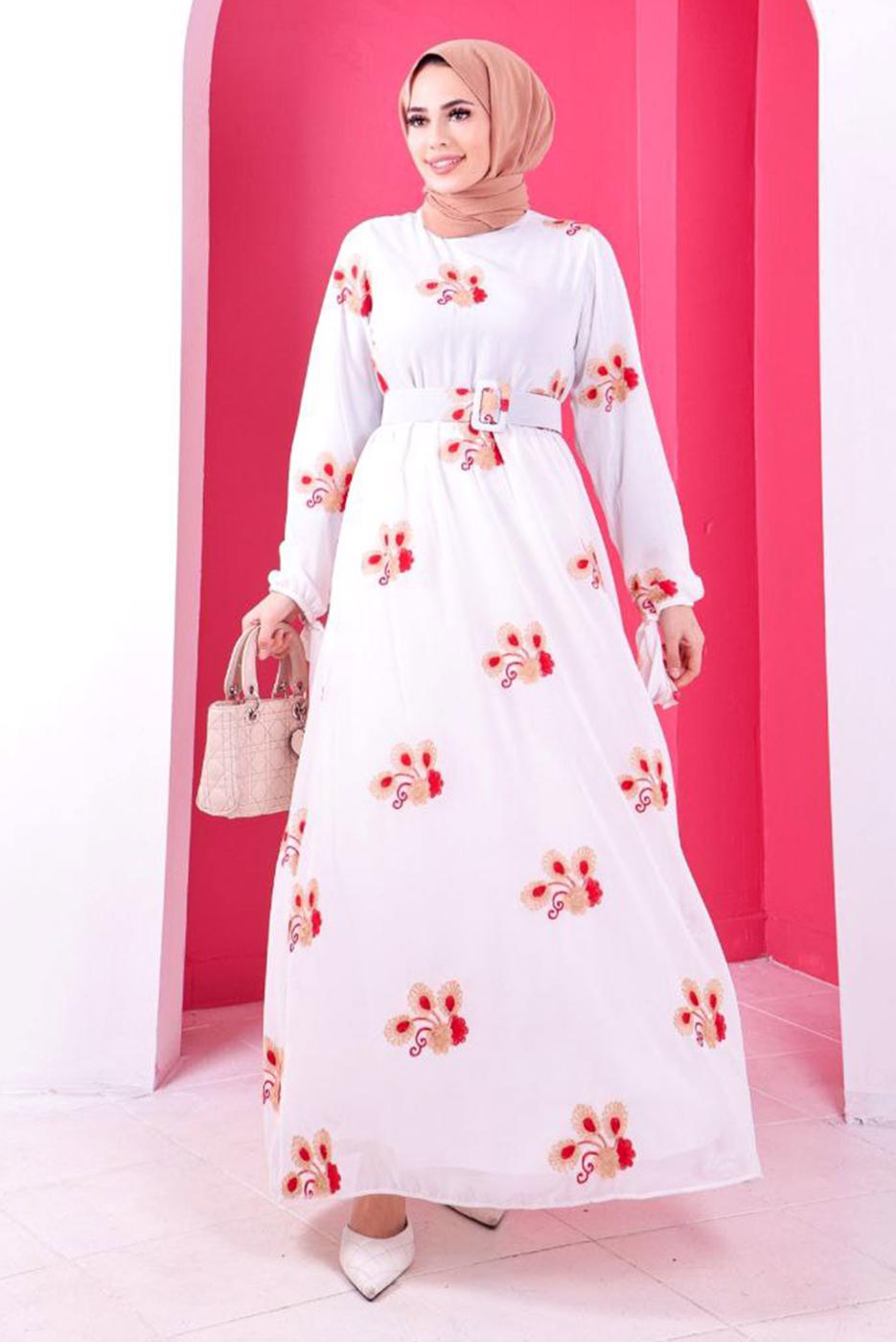Tesettür giyim BEYAZ ÇİÇEK NAKIŞLI ELBİSE 1307 