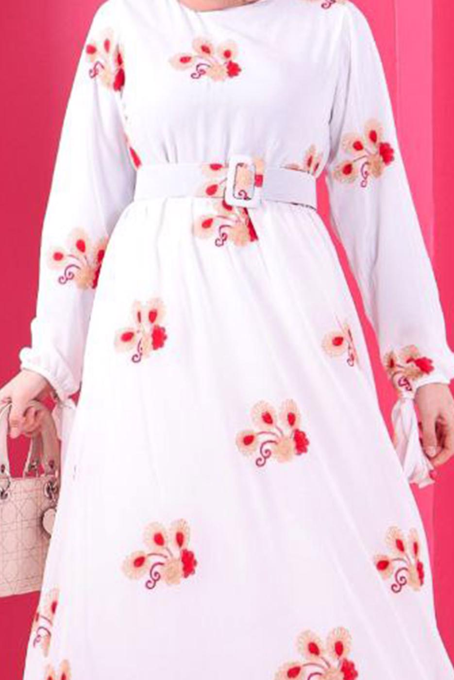 Tesettür giyim BEYAZ ÇİÇEK NAKIŞLI ELBİSE 1307 