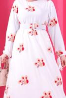 Tesettür giyim BEYAZ ÇİÇEK NAKIŞLI ELBİSE 1307 