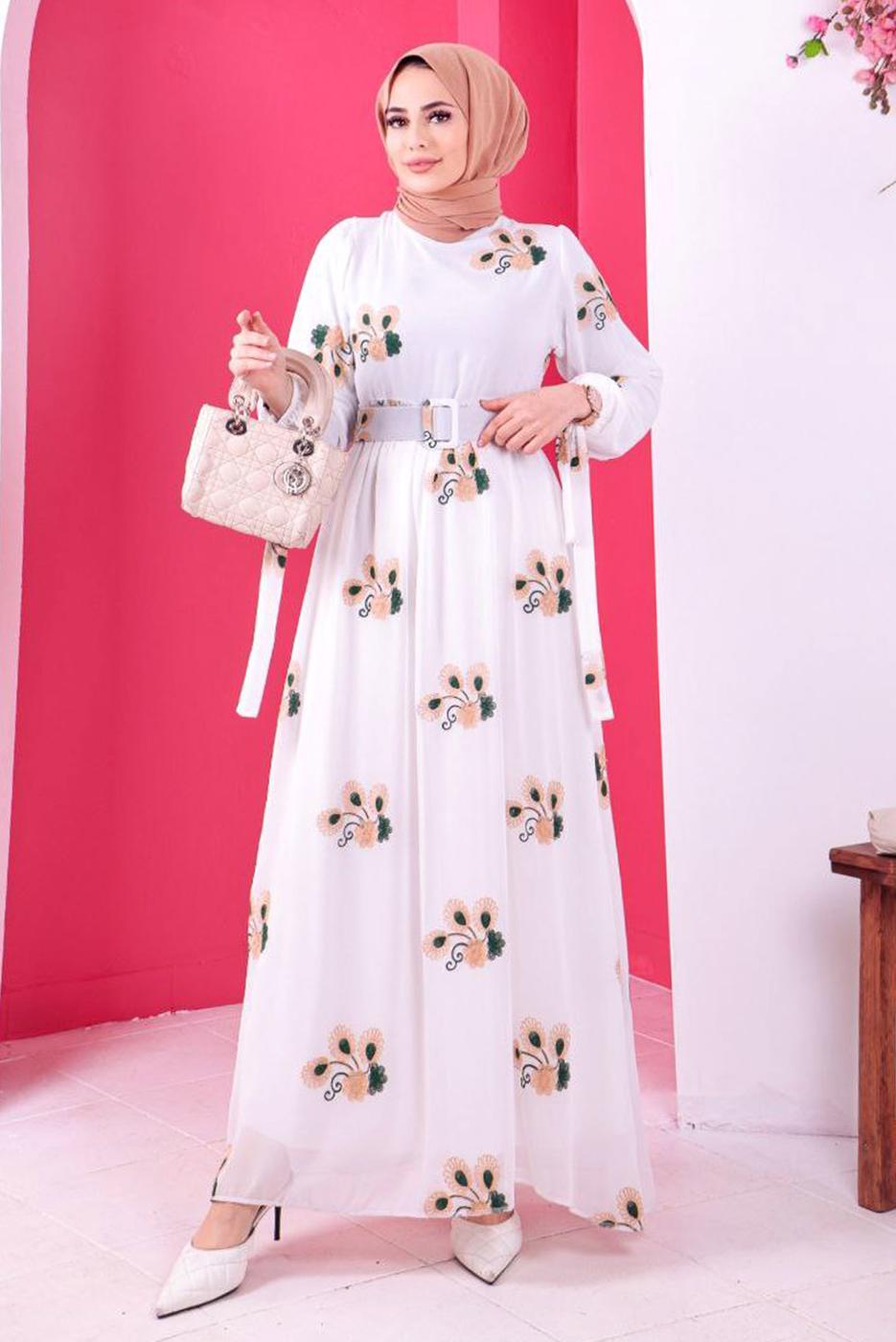 Tesettür giyim BEYAZ ÇİÇEK NAKIŞLI ELBİSE 1307 