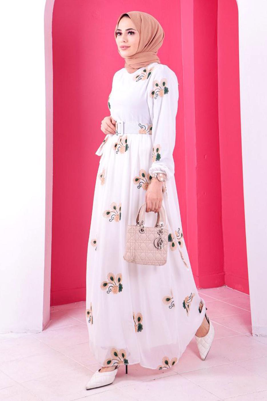 Tesettür giyim BEYAZ ÇİÇEK NAKIŞLI ELBİSE 1307 