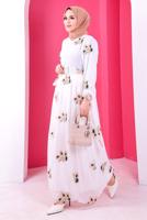 Tesettür giyim BEYAZ ÇİÇEK NAKIŞLI ELBİSE 1307 