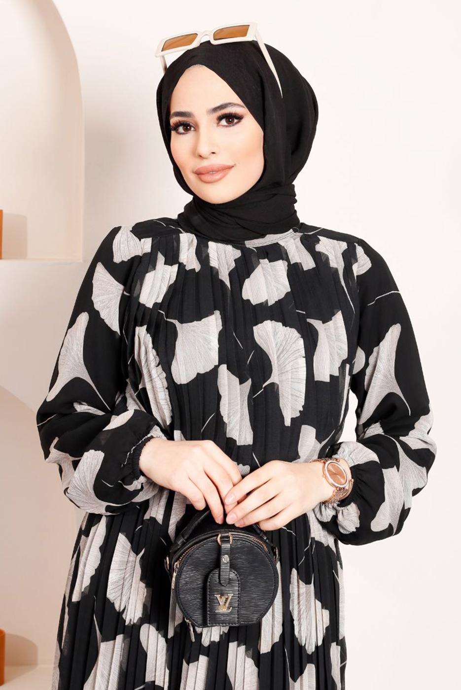 Hijab clothing BLACK PATTERNED PLEATED CHIFFON DRESS 15443 