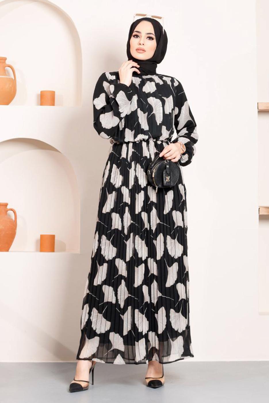 Hijab clothing BLACK PATTERNED PLEATED CHIFFON DRESS 15443 