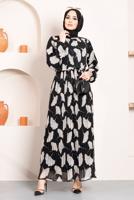 Hijab clothing BLACK PATTERNED PLEATED CHIFFON DRESS 15443 
