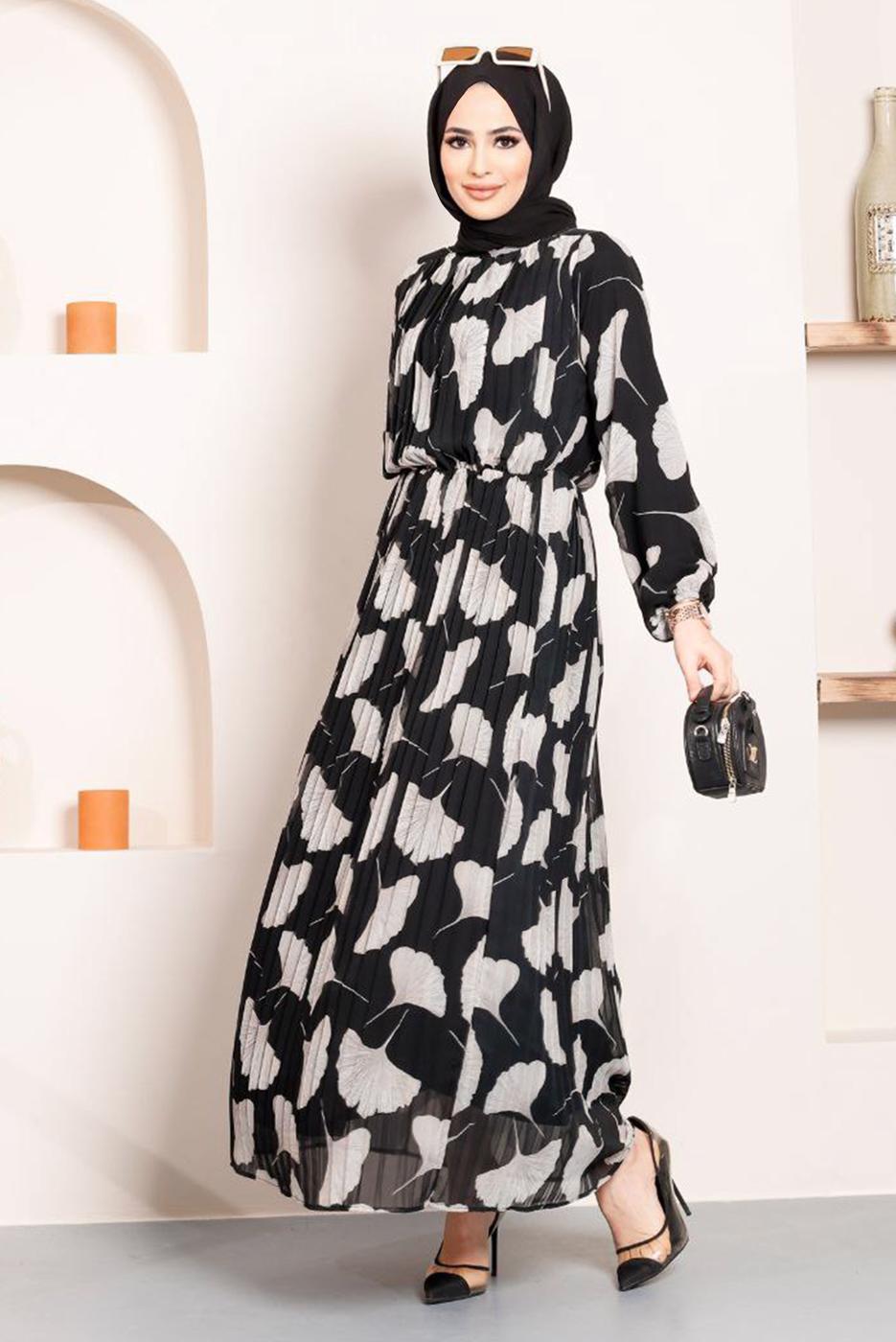 Hijab clothing BLACK PATTERNED PLEATED CHIFFON DRESS 15443 
