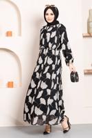 Hijab clothing BLACK PATTERNED PLEATED CHIFFON DRESS 15443 