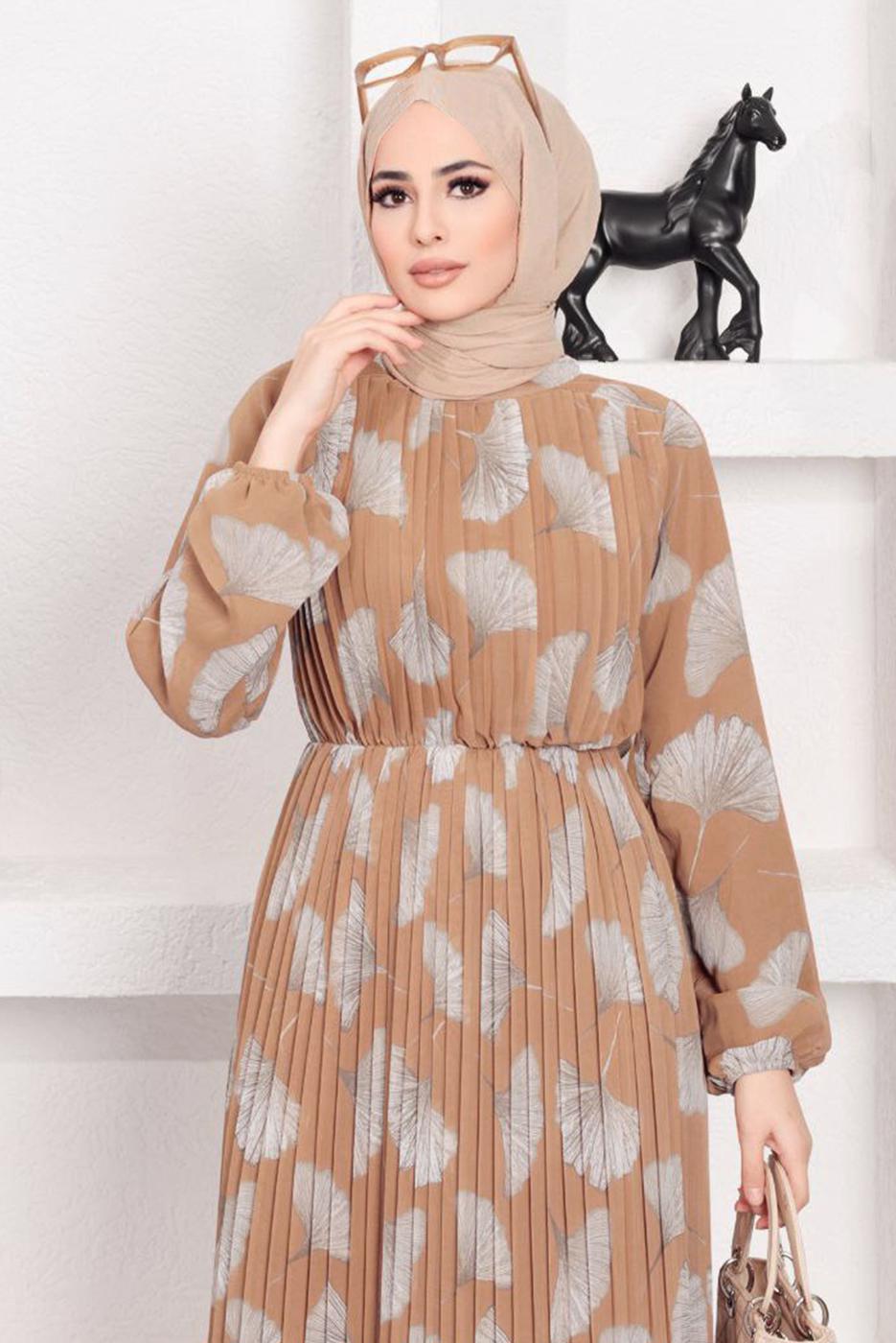Vêtements hijab BRUN ROBE EN MOUSSELINE PLISSÉE À MOTIFS 15443