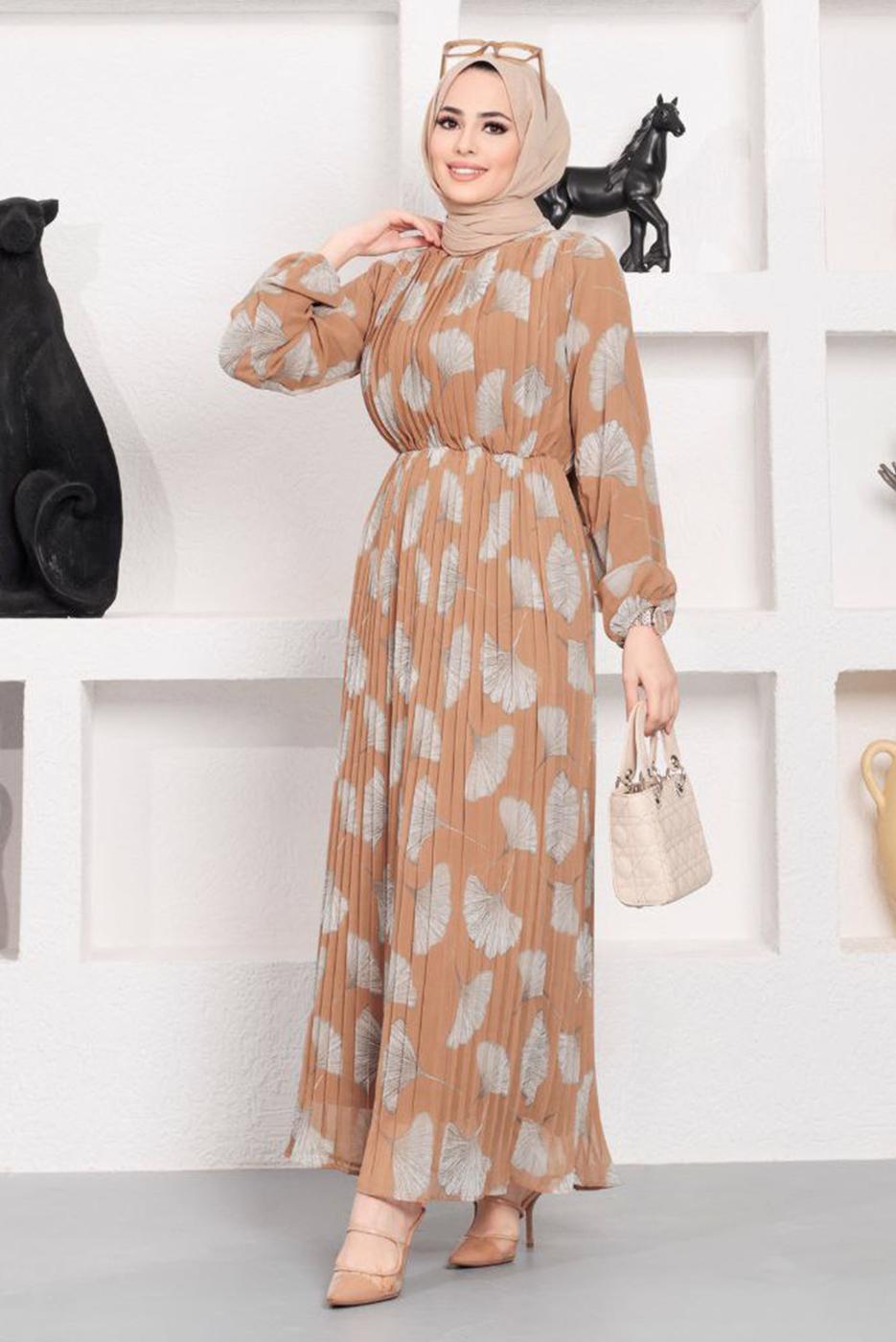 Vêtements hijab BRUN ROBE EN MOUSSELINE PLISSÉE À MOTIFS 15443