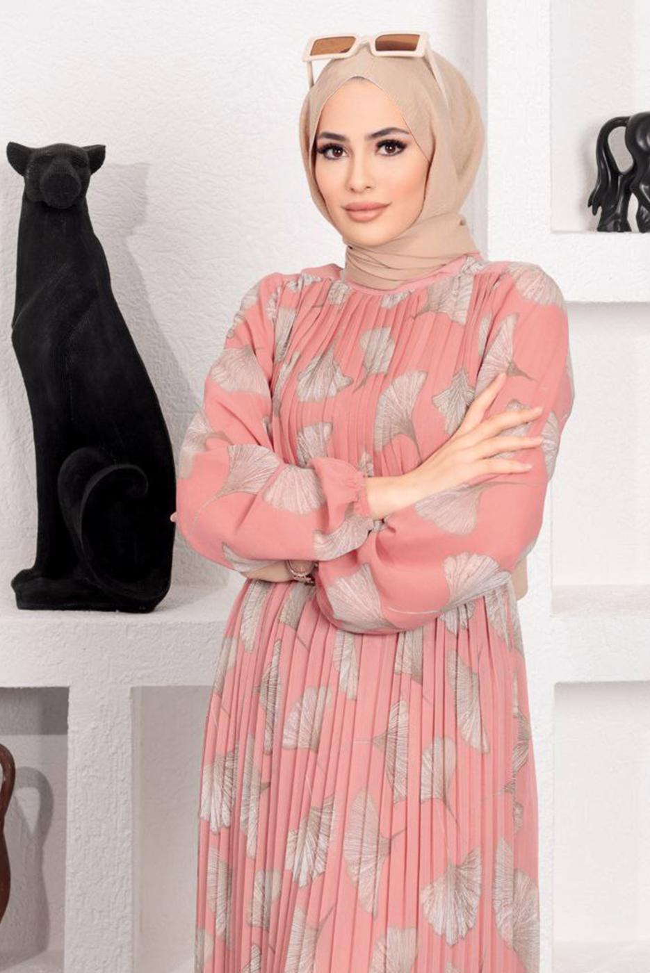 Tesettür giyim PEMBE DESENLİ PLİSELİ ŞİFON ELBİSE 15443 
