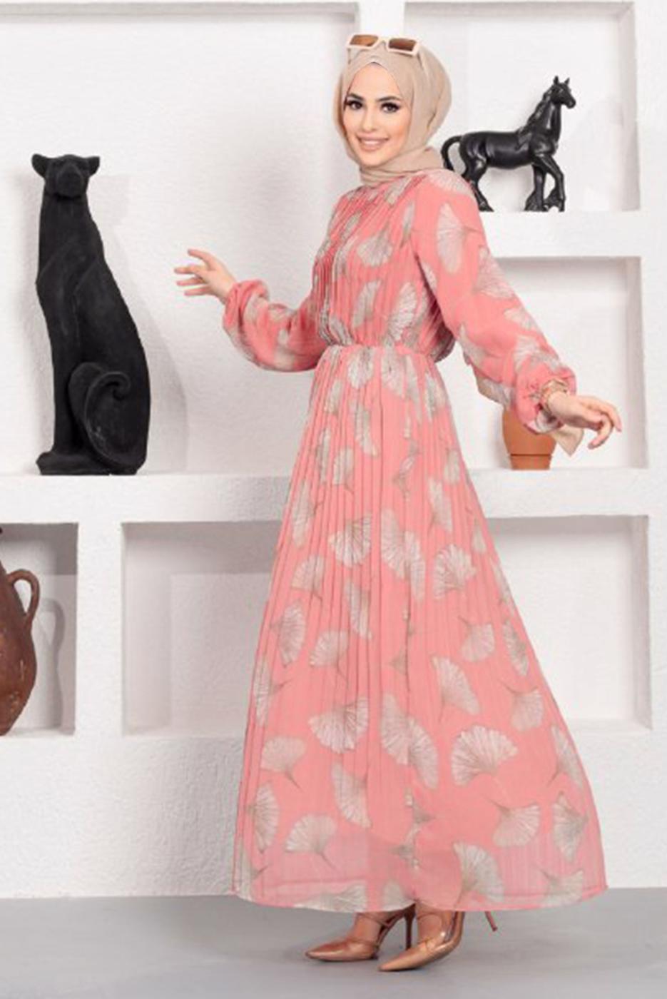 Tesettür giyim PEMBE DESENLİ PLİSELİ ŞİFON ELBİSE 15443 