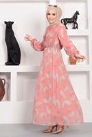 Tesettür giyim PEMBE DESENLİ PLİSELİ ŞİFON ELBİSE 15443 