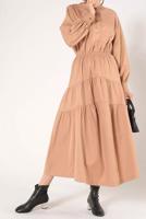 Tesettür giyim KAHVE BELİ BÜZGÜLÜ GİZLİ DÜĞMELİ KATLI ELBİSE 20006 